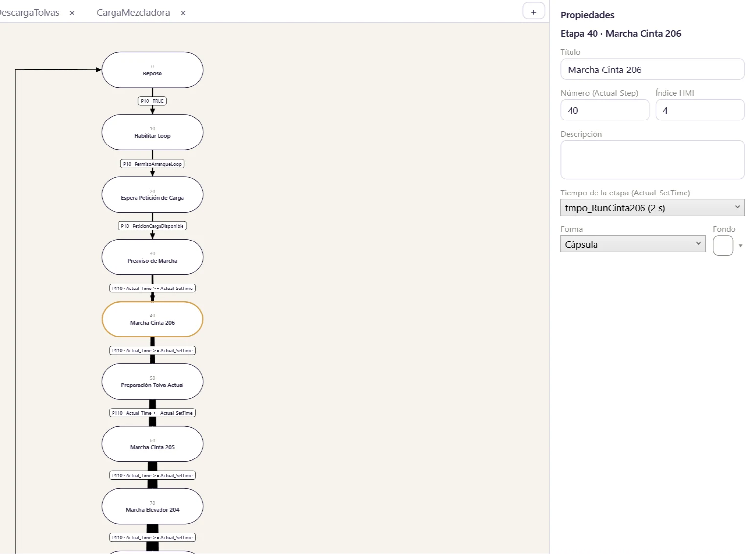 Loop de carga de tolvas con una etapa seleccionada y sus propiedades
