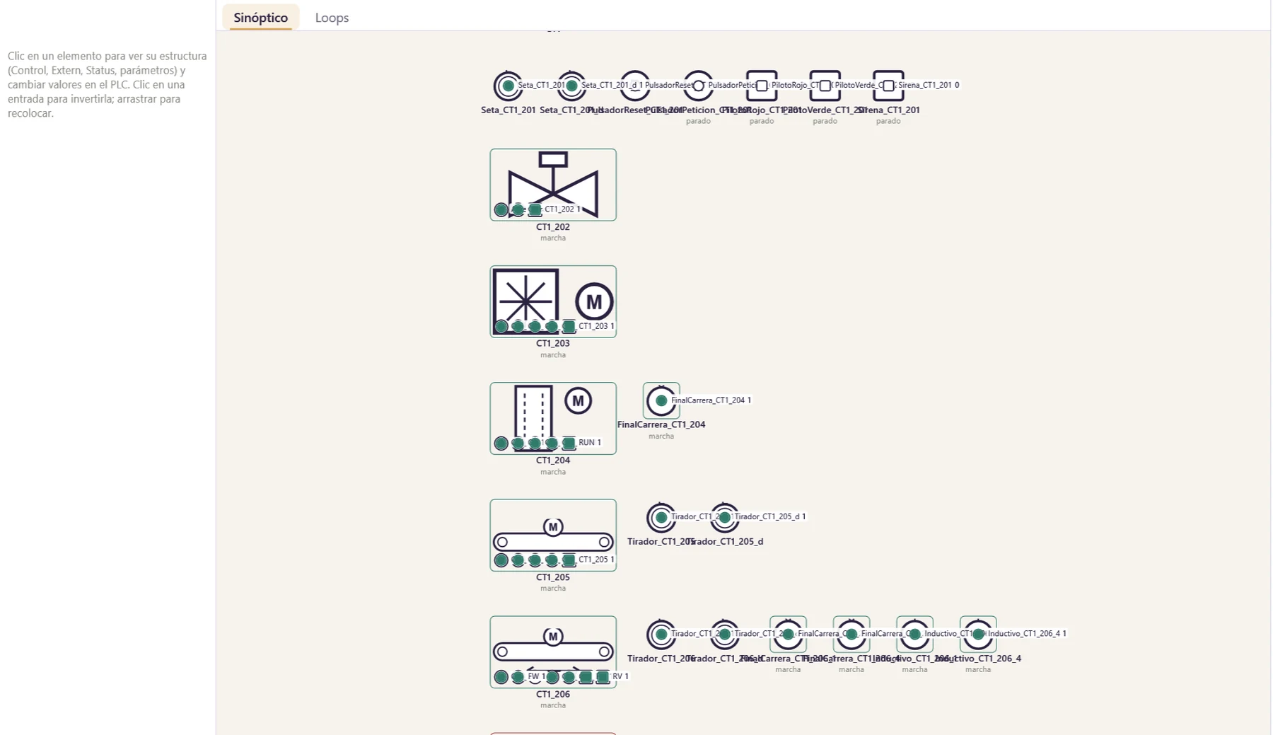 Simulación de una hoja del sinóptico conectada a un PLC, con equipos en marcha y señales en teal